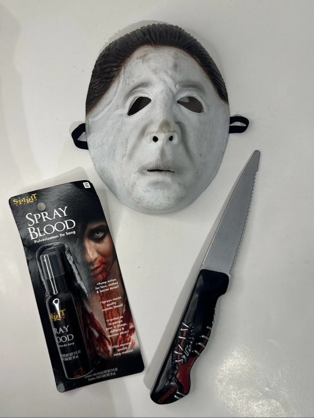 Spirit Horror Mask + Spray Blood + Toy Knife Halloween Adult Costume Set